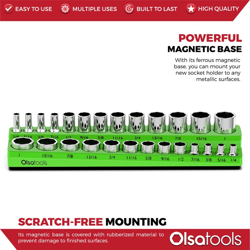 Olsa Tools Magnetic Socket Organizer | 3/8-inch Drive | SAE | Green | Holds 26 Sockets | Professional Quality Tools Organizer - Image 4